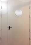 Двупольная противопожарная дверь с напылением и круглым стеклопакетом DS026